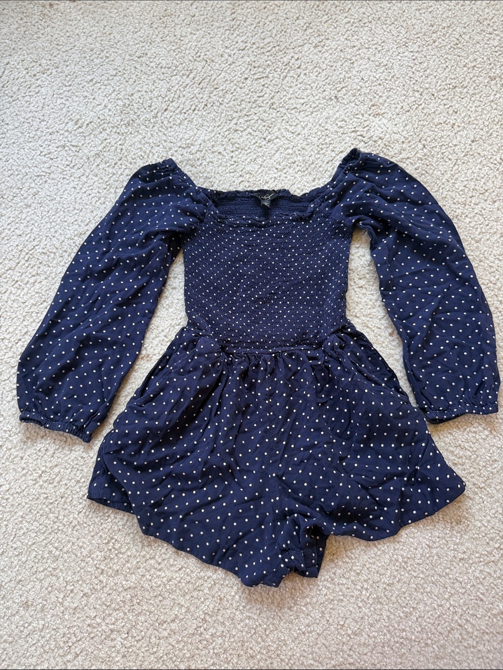 Jessica Simpson Navy Polka Dot Long-Sleeve Smocked Romper